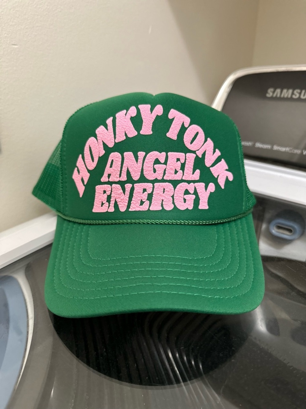Green Trucker Hat with Pink "Honky Tonk Angel Energy" Text